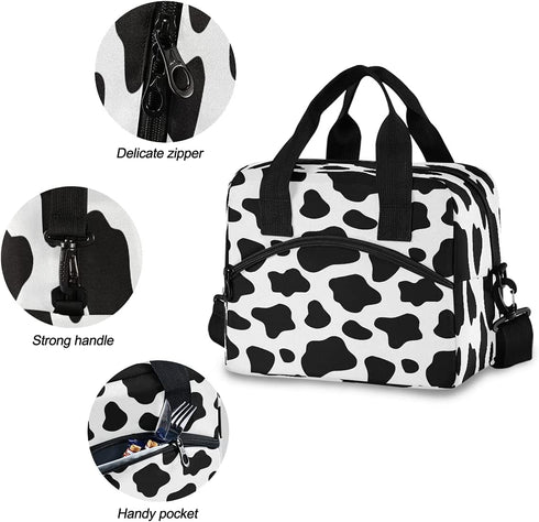Lunch Bag for Kids Black And White Cow Print Insulated Cooler Lunch Box Large Capacity Lunch Organizer for Boys Girls
