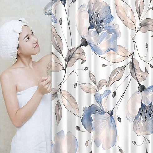 LORIE Blossoming Bluish Hibiscus Shower Curtain White Background Waterproof Fabric Bath Curtain Home Bathroom Bathtubs Decor