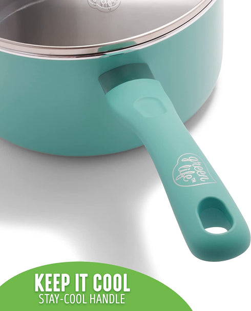 GreenLife Soft Grip Diamond Healthy Ceramic Nonstick, 2QT Saucepan Pot with Lid, PFAS-Free, Dishwasher Safe, Turquoise