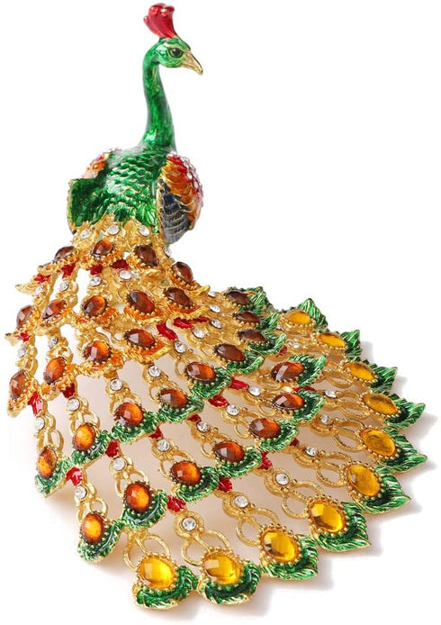 Furuida Peacock Trinket Boxes Hinged Enameled Jewelry Box Hand-Painted Animals Ornaments Craft Gift for Home Decor (Green)