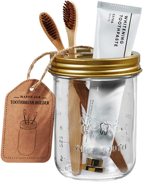Amolliar Mason Jar Bathroom Accessories Set(4 Pcs) -Lotion Soap Dispenser & 2 Cotton Swab Holder &Toothbrush Holder-Rustic Farmhouse Decor,Countertop Vanity Organize?Bathroom Home Decor (Gold)