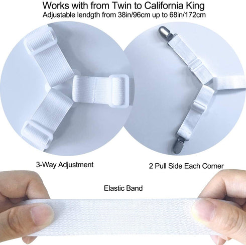 Siaomo Bed Sheet Fasteners Straps - 2 Way Adjustable Crisscross Sheet Corner Holder Straps Clips Gripper Elastic Sheet Band Suspenders Fasteners(2 Set/4Pcs, White)