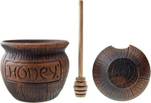 Honey Jar with a Dipper 16oz. Ceramic Honey Pot Made Out of Solid Clay Piece. Honey Container, and a Great Rustic Bowl for Gift (Brown) - Ceramic Beehive Honey Pot with Dipper.