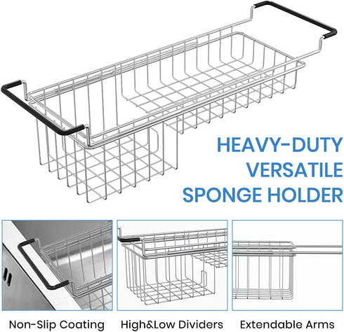 Sink Caddy Sponge Holder Kitchen Sink Organizer Sponge Caddy Farmhouse Sink Accessories Rag Detergent Brush Dishwashing Liquid Rack Expandable 14-3/4" to 20" Stainless Steel
