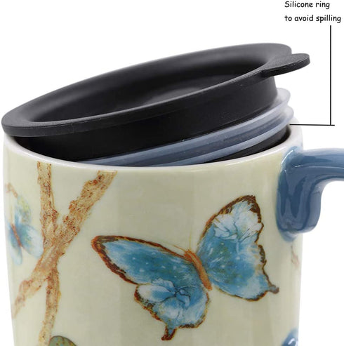 Topadorn Coffee Ceramic Mug Porcelain Latte Tea Cup With Lid 17oz., Blue Butterfly Mother's Day Mug