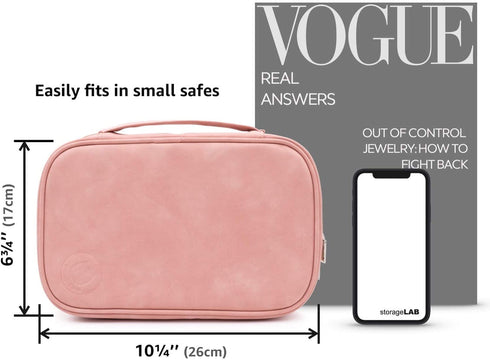 storageLAB Travel Jewelry Organizer, Faux Suede Clutch Bag for Necklaces, Earrings, Rings and Bracelets (Pink)