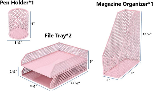 Annova Mesh Desk Organizer 4 Pieces Office Suppliers Desktop Organizer Set Desk Accessories - Letter / File Tray x 2, Magazine Rack / Upright Document Holder x 1, Pen Holder x 1 - Light Pink
