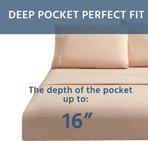 wavveUziz Bed Sheet Set Super Soft 100% Microfiber Sheet 1800 Brushed Microfiber Embroidered Full Size Bed Sheets 16-Inch Deep Pocket - 4 Piece, Beige