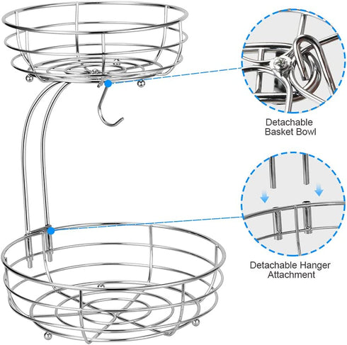Bextsrack 2-Tier Fruit Basket Bowl with Banana Hanger for Kitchen Countertop, Dining Table, Silver