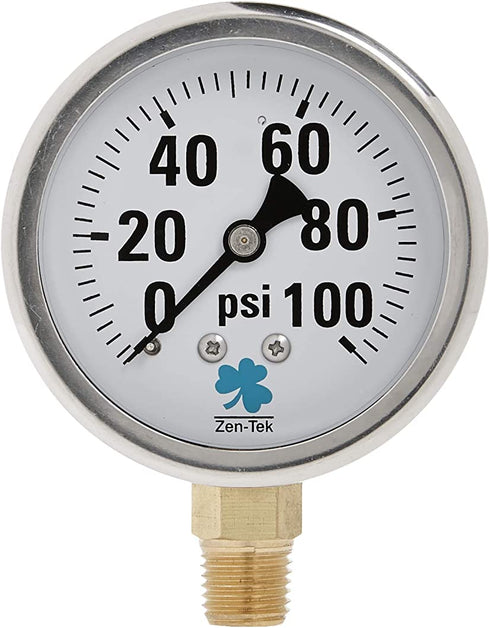 Zenport LPG100 Zen-Tek Glycerin Liquid Filled Pressure Gauge, 100 PSI