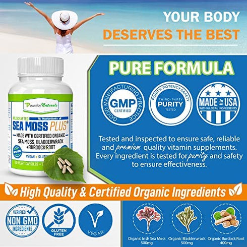Power By Naturals Organic Sea Moss Plus + Leptin Detox Cleanse | Immune System, Thyroid Support, & Gut Health | Wildcrafted Seamoss Bladderwrack Burdock Root Capsules | 60 Irish Sea Moss Pills