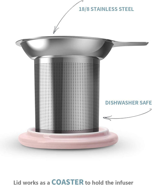 Sweese 203.108 Ceramic Tea Mug with Infuser and Lid, Single Cup Loose Tea Brewing System, Draw Your Own Design, 16 OZ, Pink