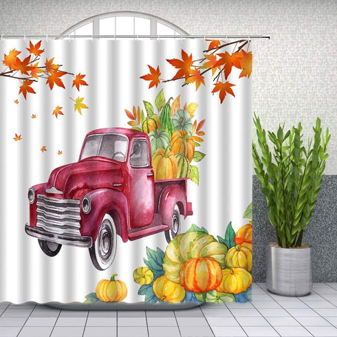 Watercolor Red Car Shower Curtains Farm Truck Pumpkin Maple Leaf Autumn Scenery Pattern Print Bathroom Decor Polyester Fabric Home Bath Cloth Hanging Curtain Set 70 x 70 Inch with Hooks