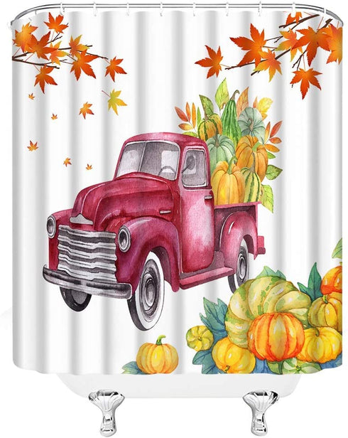 Watercolor Red Car Shower Curtains Farm Truck Pumpkin Maple Leaf Autumn Scenery Pattern Print Bathroom Decor Polyester Fabric Home Bath Cloth Hanging Curtain Set 70 x 70 Inch with Hooks