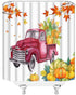 Watercolor Red Car Shower Curtains Farm Truck Pumpkin Maple Leaf Autumn Scenery Pattern Print Bathroom Decor Polyester Fabric Home Bath Cloth Hanging Curtain Set 70 x 70 Inch with Hooks