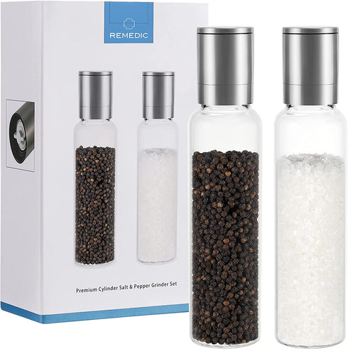 Remedic Premium Stainless Steel Salt and Pepper Grinder Set of 2 Borosilicate Glass Jar - Adjustable Coarseness Ceramic Clear Pepper Spices Shaker - Tall Grinder Mill Set Kitchen Gifts€¦