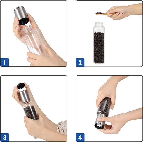 Remedic Premium Stainless Steel Salt and Pepper Grinder Set of 2 Borosilicate Glass Jar - Adjustable Coarseness Ceramic Clear Pepper Spices Shaker - Tall Grinder Mill Set Kitchen Gifts€¦