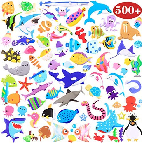 Kids Stickers 500+ 10 Different Sheets, 3D Puffy Sticker for Kids, Bulk Scrapbooking, Ocean Animal Stickers for Boys Girls Teachers Birthday Gift, Party Supplies, Reward