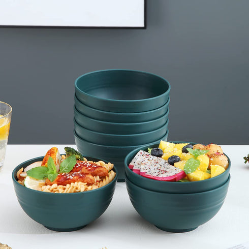 Kyraton Plastic Cereal Bowls 8 Pieces, Unbreakable And Reusable Light Weight Bowl For Rice Noodle Soup Snack Salad Fruit BPA Free Dishwasher Safe (Dark Green)