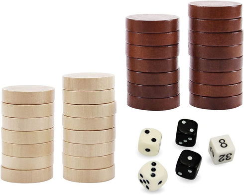 ASNEY Wooden Backgammon Pieces, Solid Wood Checker Pieces Set Board Game Table Chips and 5 Dices, Includes Storage Bag (1.34")