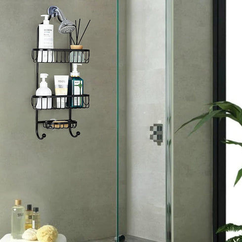 Sanduby Hanging Shower Caddy Basket, Aluminum Rustproof Shower Racks over Shower Head, Detachable Lightweight Shower Organizer Hanging Shower Storage Rack with Soap Dish, Black, 11.8" x 4.7" x 25.2"