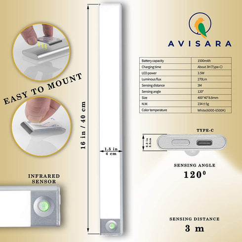 AVISARA Under Cabinet Lights Wireless - Motion Sensor Light Indoor - Led Under Cabinet Lighting - Battery Operated Lights for Closet - Closet Lights Motion Sensored - Under Counter Lights for Kitchen