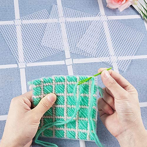 Pllieay 33 Pieces Mesh Plastic Canvas Sheets Kit Including 15 Pieces Clear Plastic Canvas, 12 Color Acrylic Yarn and Embroidery Tools for Embroidery Plastic Canvas Craft