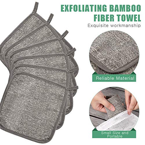 6 Pieces Exfoliating Face and Body Wash Cloths 2 Sided Bamboo Washcloth Towel Exfoliation Scrub Soft Weave Massage Shower Bath Cloth for Women and Men, 20 x 20 cm (Gray and White)