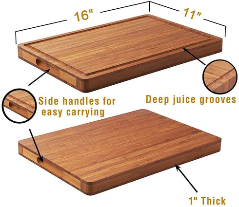 Wood Cutting Board for Kitchen, 1" Thick Butcher Block, Cheese Charcuterie Board, with Side Handles and Juice Grooves, 16x11"
