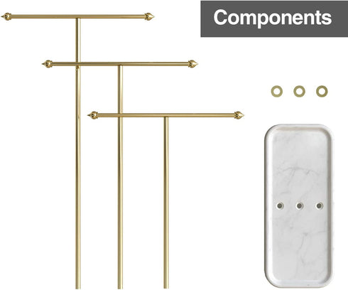 J JACKCUBE DESIGN 3 Tier Gold Metal Jewelry Display Stand Tree Organizer, Holder Rack Hanger Tower for Bracelet Necklace Accessories with Tabletop Earring Ring White Marble Tray Storage- MK516A