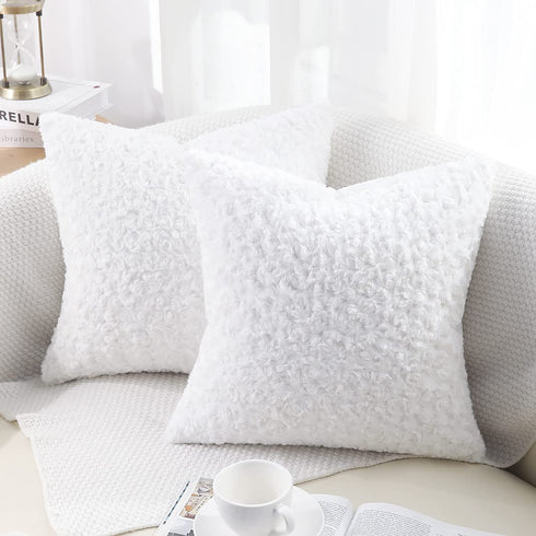 Bright White Fur Throw Pillow Covers 3D Rose Pattern Set of 2 20x20 Inch Fluffy Decorative Pillow Covers for Couch Bed Sofa