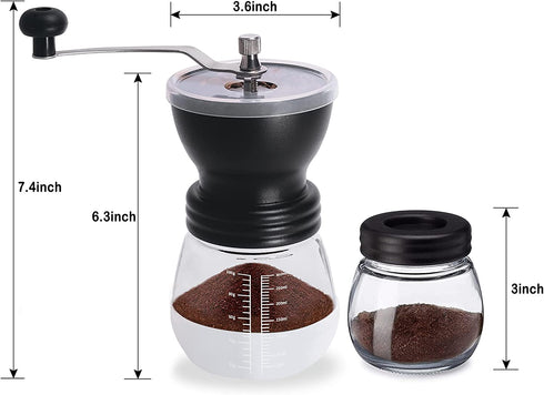 JARNAR Manual Coffee Bean Grinder Ceramic Burr Stainless Steel Handle with 2 Translucent Bottom Glass Jars Hand Coffee Mill for Home Office and Travelling