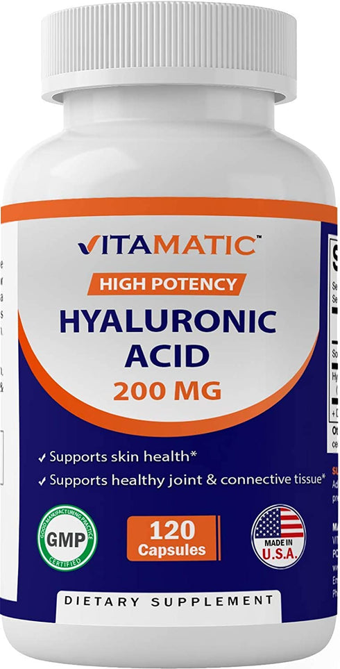 Vitamatic Hyaluronic Acid Supplements 200mg - Supports Healthy Connective Tissue and Joints - Promote Youthful Healthy Skin - 120 Capsules