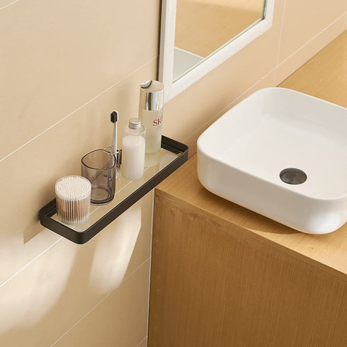 Bathroom Shelves Rectangular Tempered Glass Bathroom Shelf Wall Mounted, with Aluminum Frame, Shower Storage Organizer (12 inch, Matte Black)