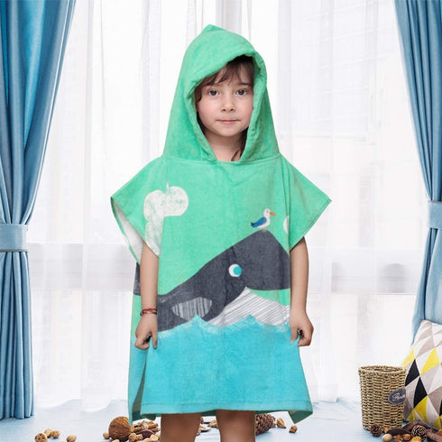 SearchI Kids Hooded Bath Towel, Soft Cotton Beach Swim Pool Poncho Bath Towel for Boys Girls Age 2 to 6 Years Green Whale, 23 x 24 inches