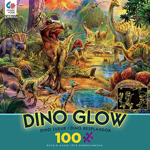Ceaco - Dino Glow - Glow in The Dark - Dino Landscape -100 Piece Jigsaw Puzzle