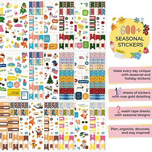 Clever Fox Seasonal Planner Stickers – 600+ Month, Holiday & Seasons Stickers for Your Planner, Monthly Journal & Calendar – 18 Sheets, Set of Stickers & Washi Tape by Clever Fox (Seasonal Pack)