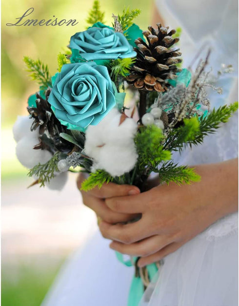 Lmeison Artificial Flowers Teal Green Roses, 50pcs Real Looking Foam Fake Roses with Stems for DIY Wedding Bouquets Centerpieces Valentine's Day Bridal Shower Party Tables Home Decorations