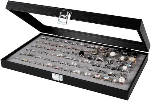 JackCubeDesign Jewelry Ring Display Organizer Storage Box Case Tray Holder with 72 Slot Ring Display (Black, Inside Gray Velvet)-:MK248C
