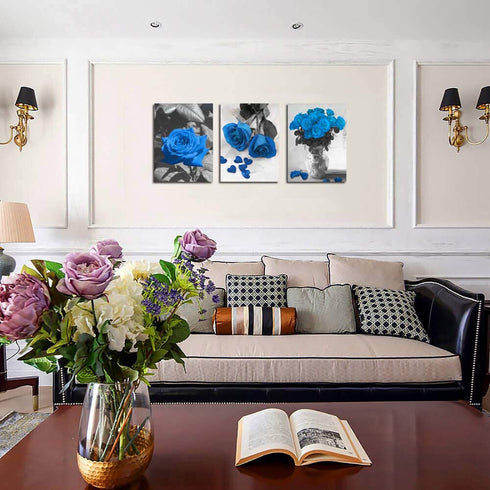 Ardemy Canvas Wall Art Blue Rose 3 Panels Flowers Pictures Prints Black and White Painting Modern Romantic Florals Framed Ready to Hang for Bathroom Bedroom Living Room Spa Kitchen Wall Decor