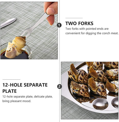 Cabilock Escargot Dining Set 12 Compartment Holes Snail Escargot Plate Tong Fork Set Oyster Serving Trays Stainless Steel Oyster Pan Shell Shaped Dishes for Lemons Sauce Oysters