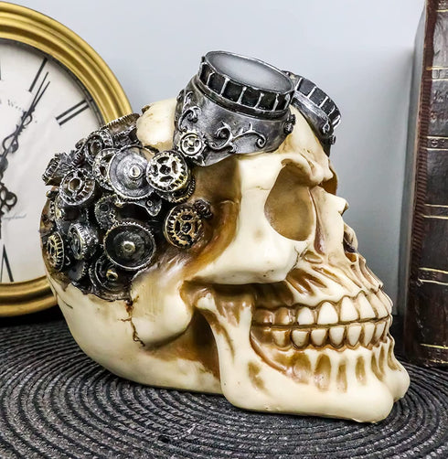 Ebros Geared Steampunk Pilot Aviator Robotic Skull Statue Victorian Industrial Sci Fi Decor Figurine with Painted 3D Protruding Gearwork Mechanism Design