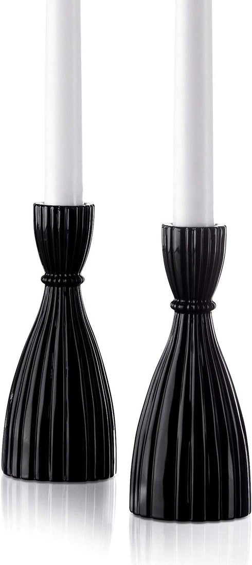 Black Candlestick Holder Set - Glass Taper Candle Holders, Glossy Black Finish, 6 Inch Height, Fits Standard 3/4 Inch Tapered Candles, Modern Kitchen Decor, Halloween Party Centerpiece - Pack of 2
