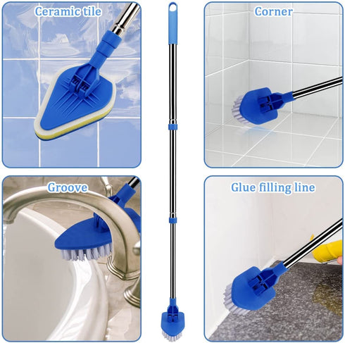 Long Handle Cleaning Brush, Globalstore 2 in 1 Scrub Brush Shower Scrubber for Cleaning, 37? Scrubbing Brush Bathtub Scrubber for Shower Floor Bathroom Wall Glass, 1 Stiff Bristle Brush 3 Sponge Brush