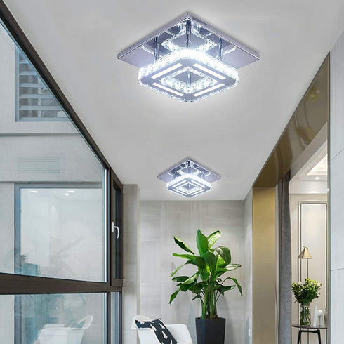 Modern Crystal Ceiling Lighting, CXGLEAMING Mini Square Crystal Chandelier Contemporary Luxury Semi Flush Mount LED Ceiling Light Fixture for Bedroom, Dining Room, Kitchen, Hallway, Entry, Foyer
