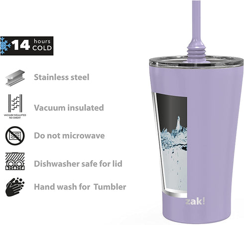 Zak Designs Alfalfa Stainless Steel Vacuum Insulated Double Wall Tumbler with Flexible Silicone Straw, Travel Tumbler with Splash Proof Lid Keeps Drinks Cold (18/8 SS, 20oz, Lavender)
