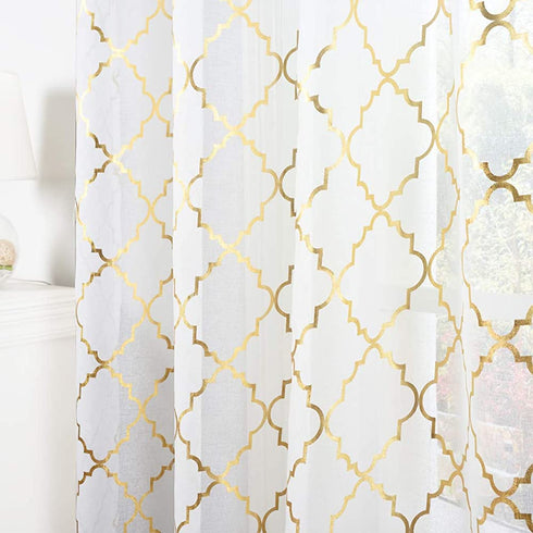 Kotile White and Gold Sheer Curtains for Bedroom - Gold Moroccan Tile Curtain Rod Pocket White Window Curtains 63 Inch Length 2 Panels for Girls Room, W52 x L63 Inches, 1 Pair, Gold White