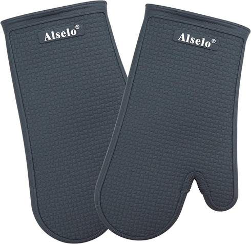 Alselo Oven Mitts Heat Resistant Silicone Kitchen Gloves for 550 Degrees with Waterproof and Non-Silp, Set of 2 Oven Gloves for Baking Cooking Barbecue Microwave Machine Washable (Grey, 2)