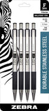 Zebra Pen F-301 Retractable Ballpoint Pen, Stainless Steel Barrel, Fine Point, 0.7mm, Black Ink, 4-Pack (Packaging May Vary)