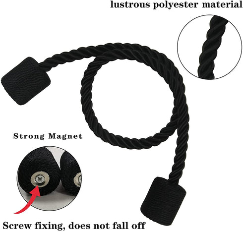 Porlau 4 Pack Strong Magnetic Curtain Tiebacks Outdoor Elegant Decorative Tie Backs Modern Rope Tiebacks for Drapes Window Curtain Holdbacks for Draperies- Black